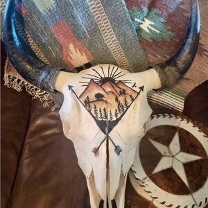 Decorative Bull Skull with Mountain Art